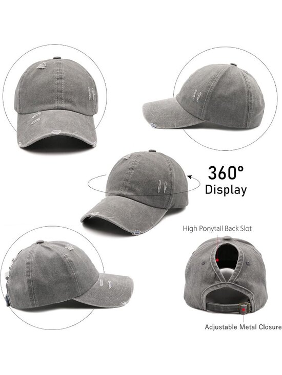 〽️Women Distresed Gray Black High Ponytail Baseball Cap Trucker Bad Hair Day